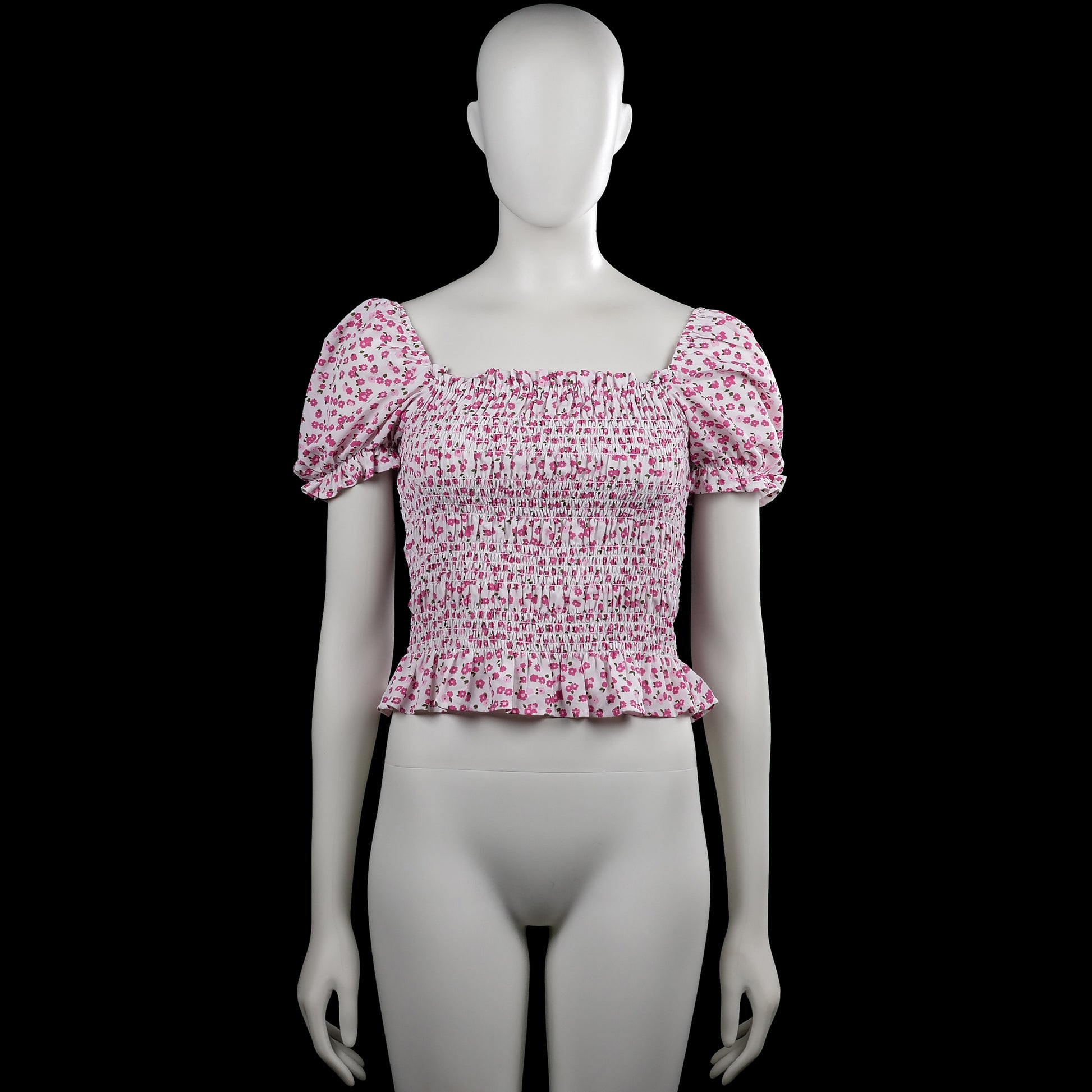 Uniq young - Blouse - White & Pink - Size 170 - White top with a pink floral pattern and a squared neckline. Features short puff sleeves with elastic cuffs, a smocked bodice, and a ruffled hem.