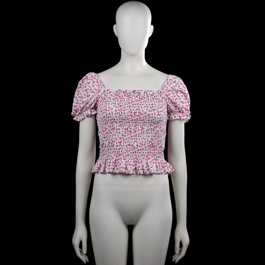 Uniq young - Blouse - White & Pink - Size 170 - White top with a pink floral pattern and a squared neckline. Features short puff sleeves with elastic cuffs, a smocked bodice, and a ruffled hem.
