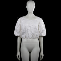 H&M - Blouse - White - Size 44 - White solid blouse with a scoop neck and short puff sleeves with elastic cuffs. Cropped elastic hem and button closure down the center back.