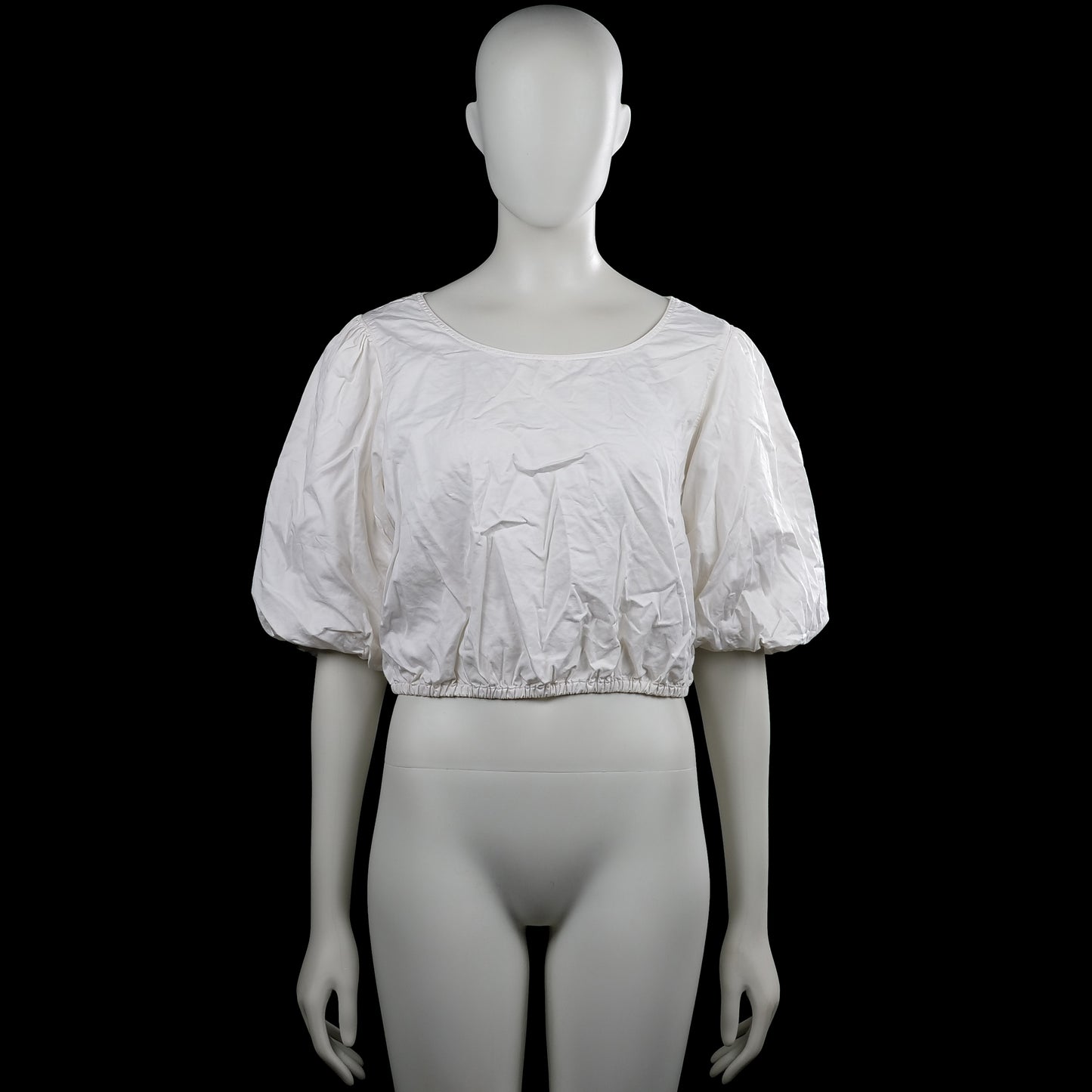 H&M - Blouse - White - Size 44 - White solid blouse with a scoop neck and short puff sleeves with elastic cuffs. Cropped elastic hem and button closure down the center back.