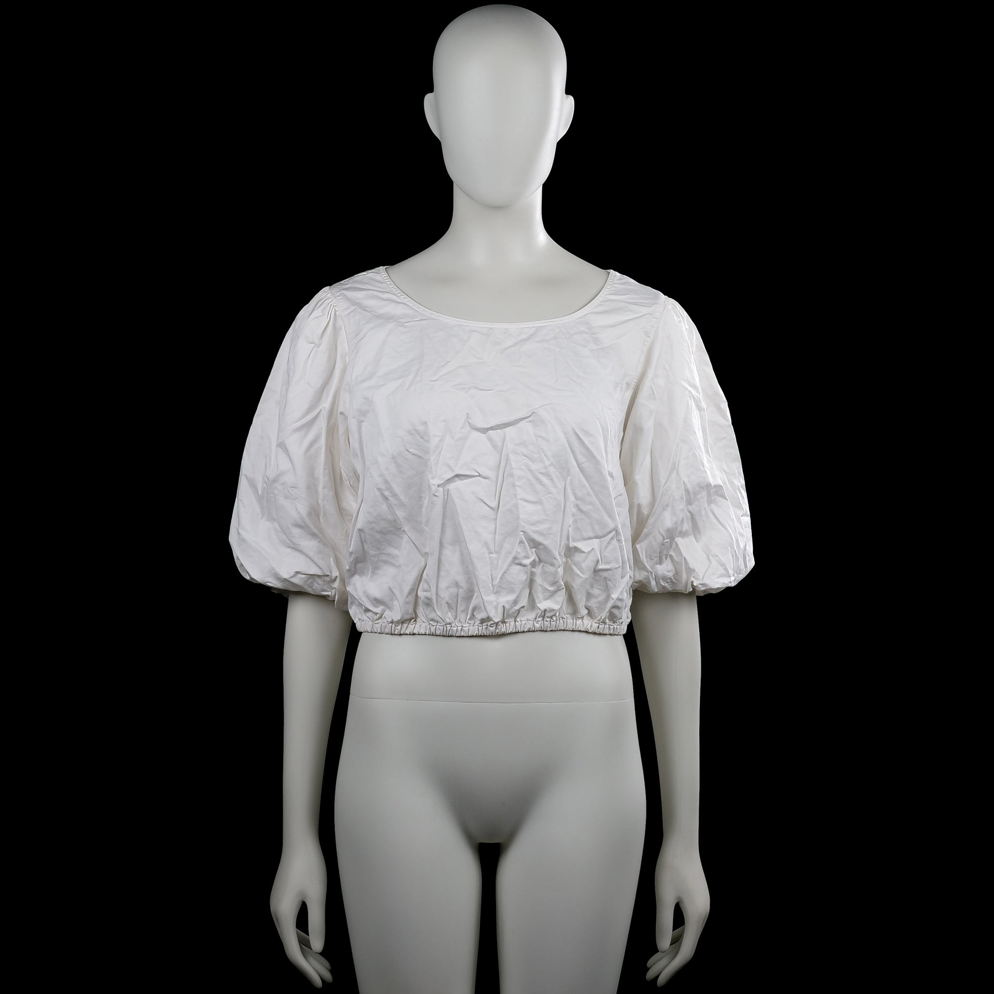 H&M - Blouse - White - Size 44 - White solid blouse with a scoop neck and short puff sleeves with elastic cuffs. Cropped elastic hem and button closure down the center back.