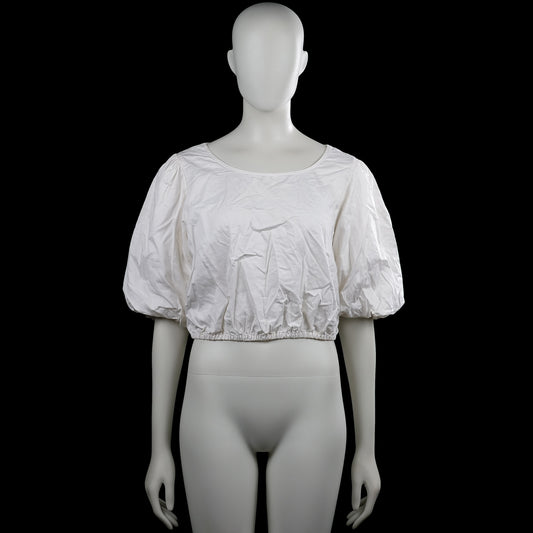 H&M - Blouse - White - Size 44 - White solid blouse with a scoop neck and short puff sleeves with elastic cuffs. Cropped elastic hem and button closure down the center back.