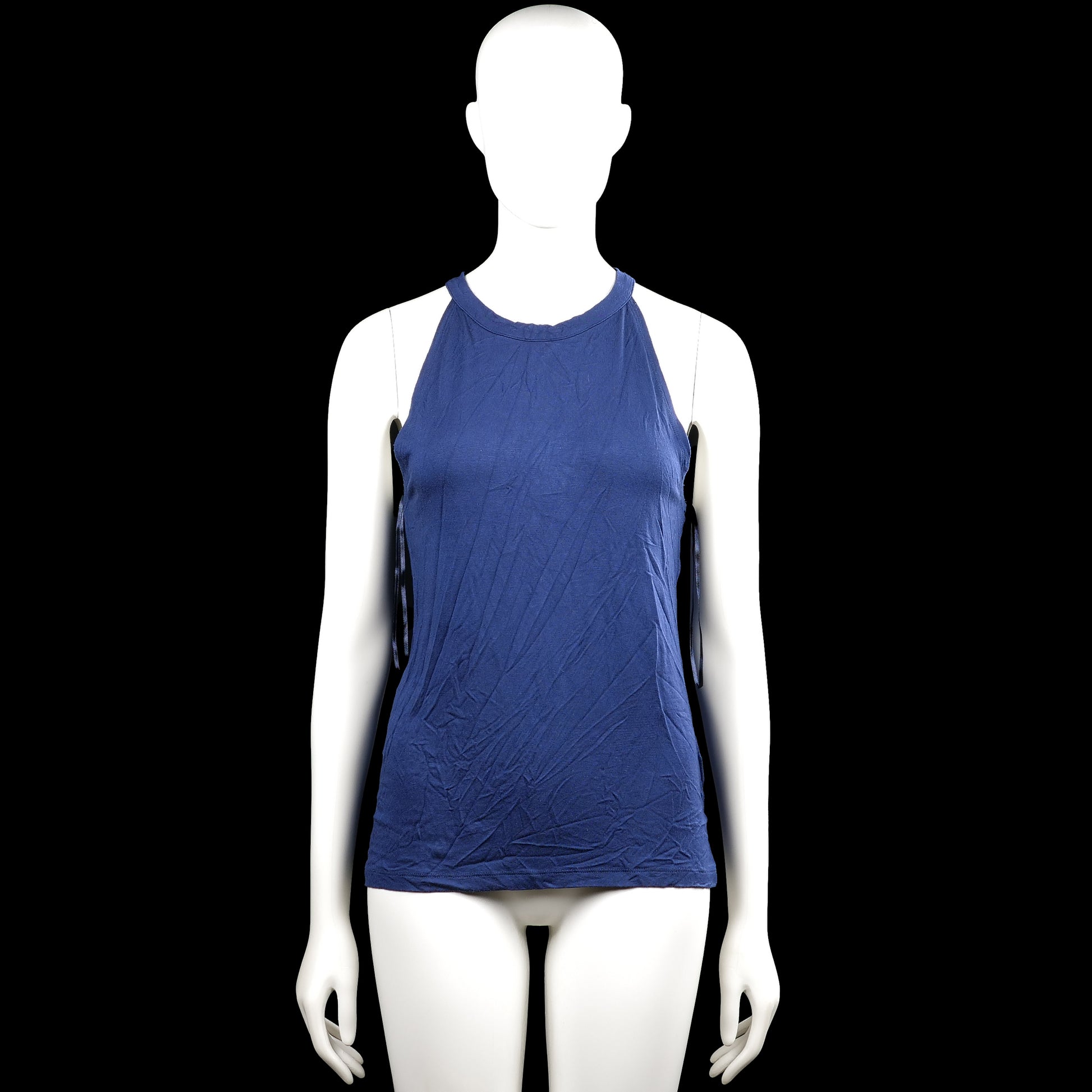 Cubus - Tank top - Navy & Black - Size M - Navy sleeveless solid top with a round neck and straight hem. Features black lace panels on the back straps with a small back button closure.
