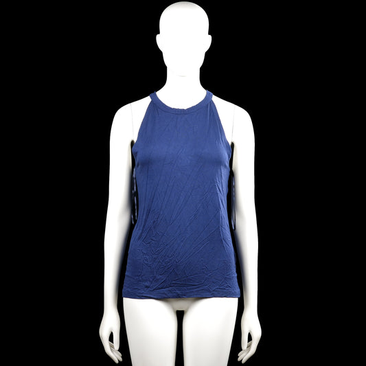 Cubus - Tank top - Navy & Black - Size M - Navy sleeveless solid top with a round neck and straight hem. Features black lace panels on the back straps with a small back button closure.