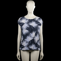 Tank top - Navy & Light Gray - Size M - Navy and light gray top with an allover leaf pattern and short sleeves. Scoop neckline with crisscross straps at the back and a straight hem.