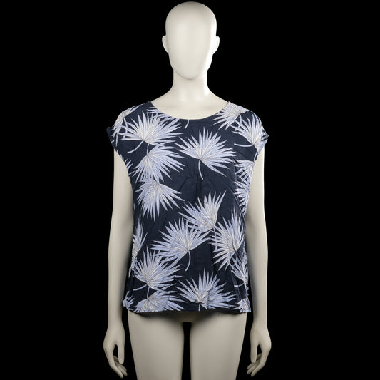 Tank top - Navy & Light Gray - Size M - Navy and light gray top with an allover leaf pattern and short sleeves. Scoop neckline with crisscross straps at the back and a straight hem.