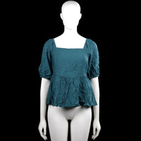 Aware - Blouse - Turquoise - Size XS - Turquoise solid top with a squared neckline and short puff sleeves with elastic cuffs. Features a straight hem and tie closures with a back cutout.
