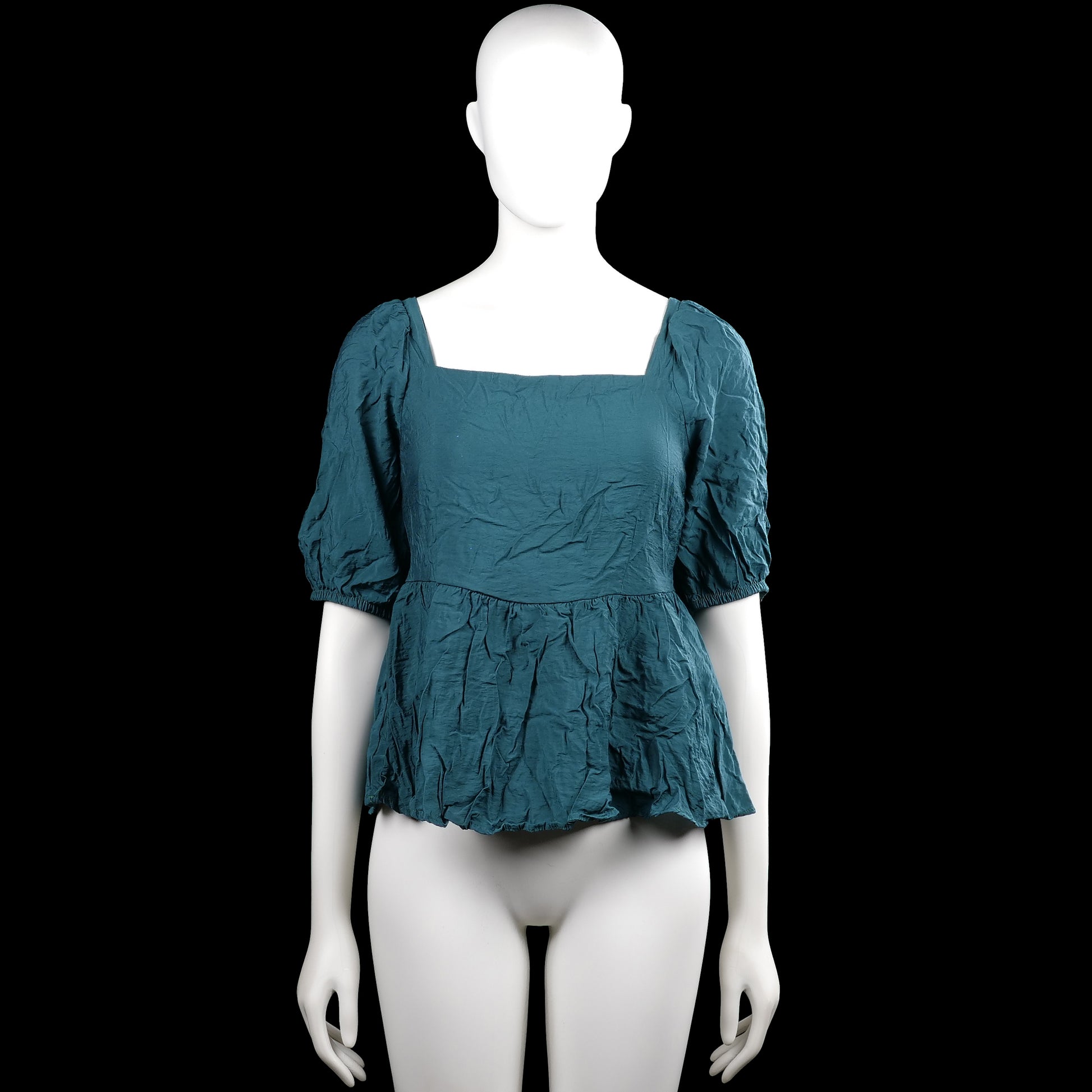 Aware - Blouse - Turquoise - Size XS - Turquoise solid top with a squared neckline and short puff sleeves with elastic cuffs. Features a straight hem and tie closures with a back cutout.
