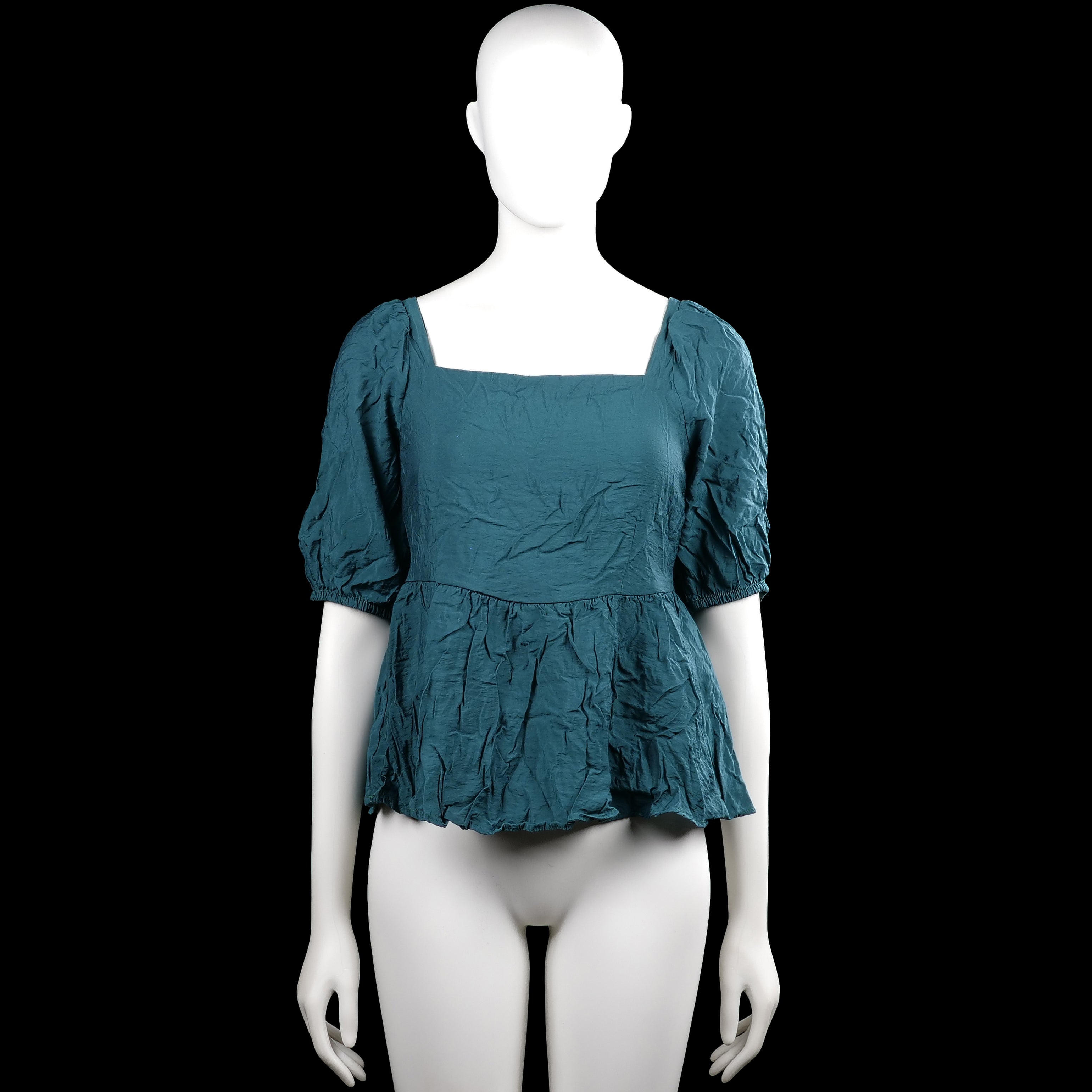 Aware - Blouse - Turquoise - Size XS - Turquoise solid top with a squared neckline and short puff sleeves with elastic cuffs. Features a straight hem and tie closures with a back cutout.