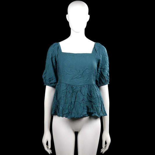 Aware - Blouse - Turquoise - Size XS - Turquoise solid top with a squared neckline and short puff sleeves with elastic cuffs. Features a straight hem and tie closures with a back cutout.