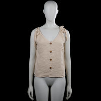Shein - Tank top - Beige - Size L - Beige solid sleeveless top with a V-neck and tied shoulder straps. Button-front closure and a straight hem.
