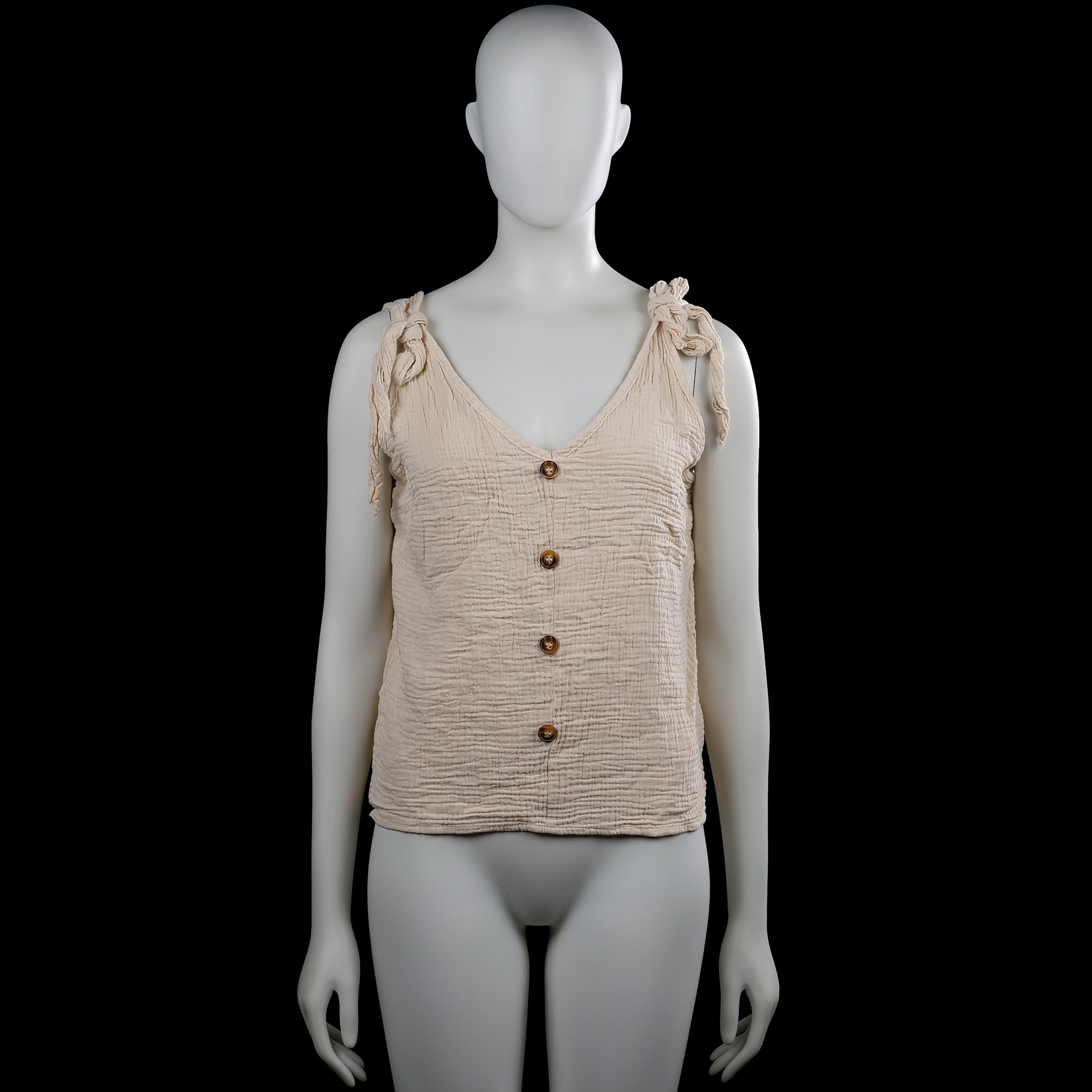 Shein - Tank top - Beige - Size L - Beige solid sleeveless top with a V-neck and tied shoulder straps. Button-front closure and a straight hem.