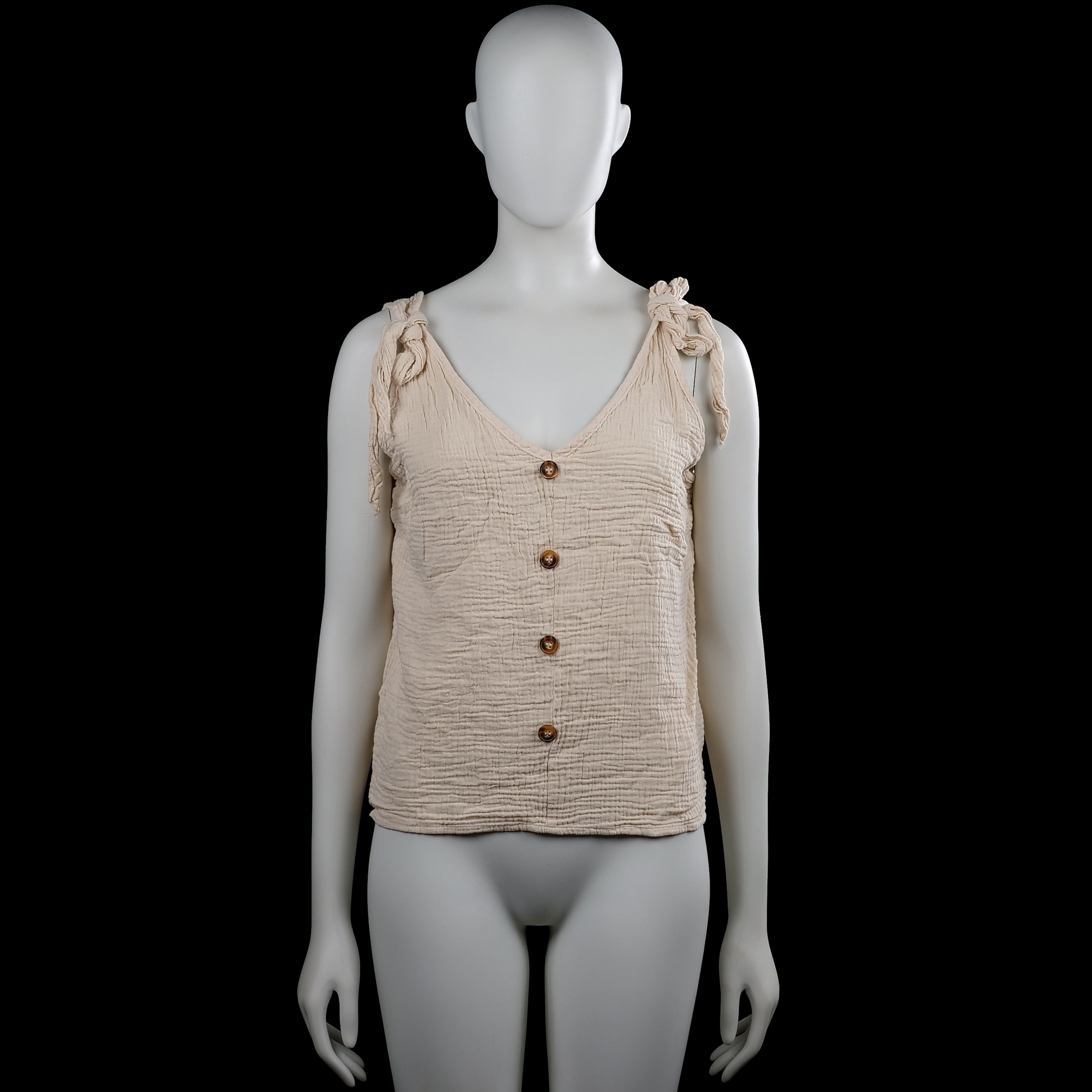 Shein - Tank top - Beige - Size L - Beige solid sleeveless top with a V-neck and tied shoulder straps. Button-front closure and a straight hem.