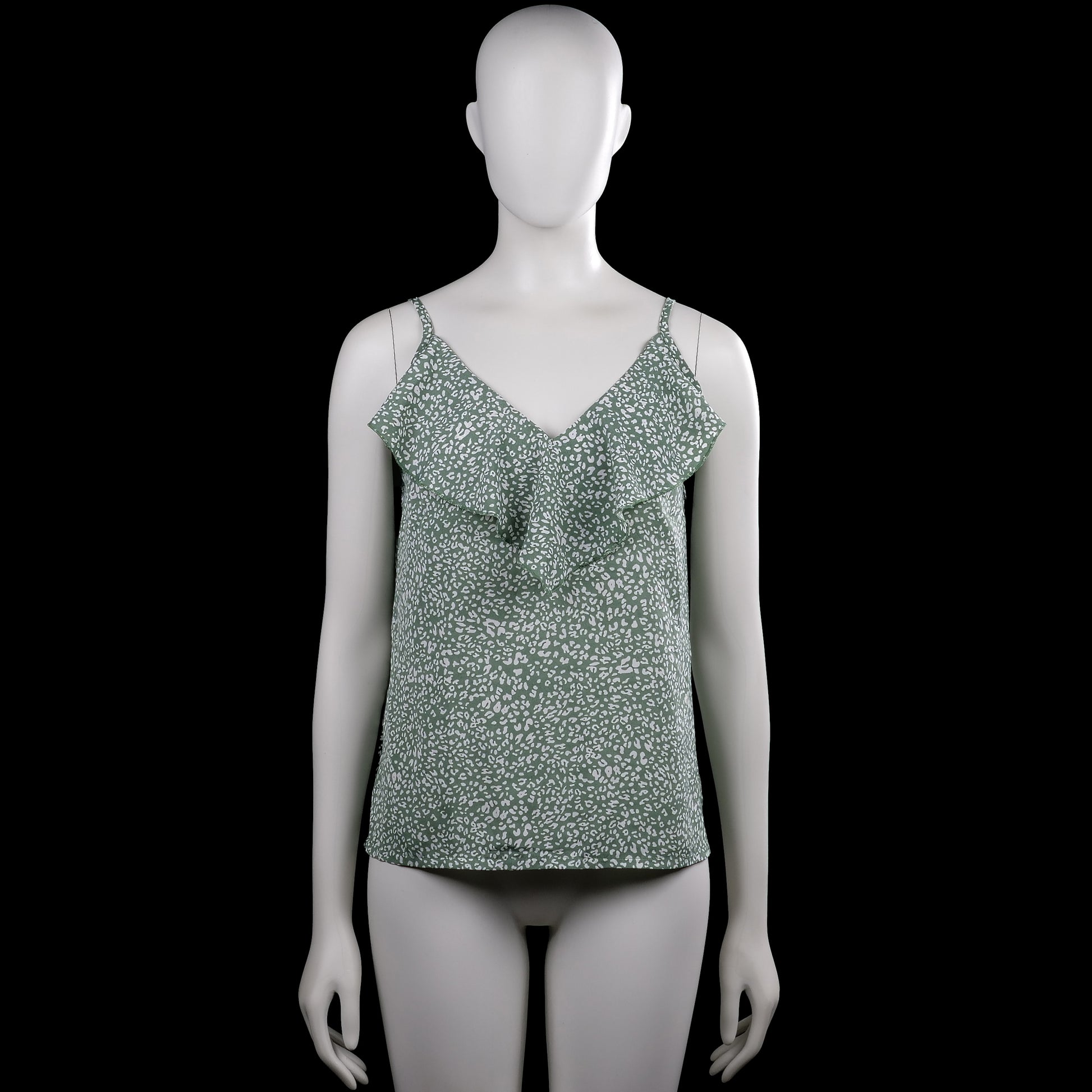 Shein - Tank top - Sage & White - Size M - Sage camisole top with white all-over print and a V-neckline. Sleeveless with spaghetti straps, a layered ruffle detail at the front, and a straight hem.