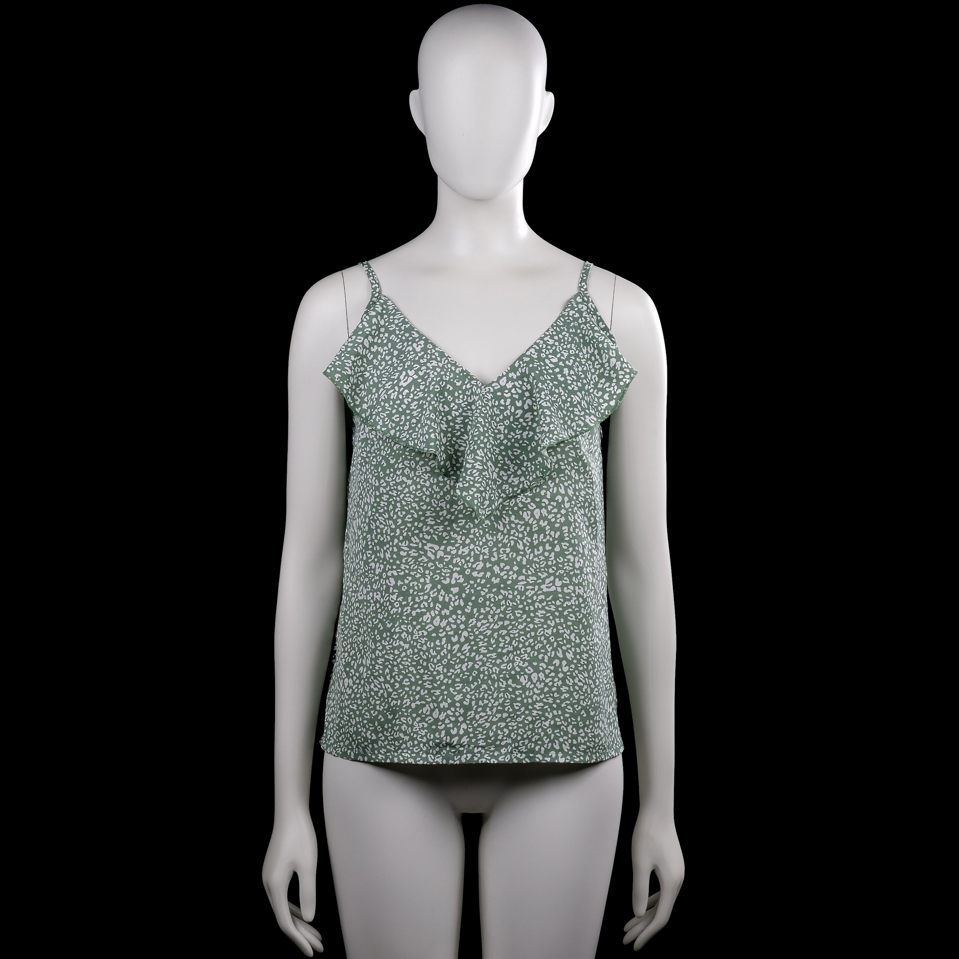 Shein - Tank top - Sage & White - Size M - Sage camisole top with white all-over print and a V-neckline. Sleeveless with spaghetti straps, a layered ruffle detail at the front, and a straight hem.