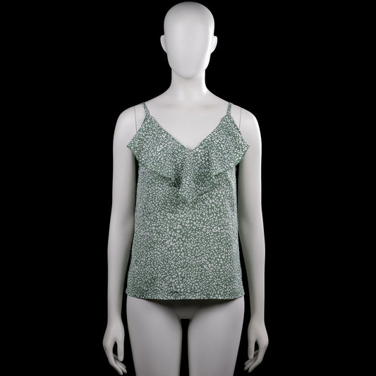 Shein - Tank top - Sage & White - Size M - Sage camisole top with white all-over print and a V-neckline. Sleeveless with spaghetti straps, a layered ruffle detail at the front, and a straight hem.