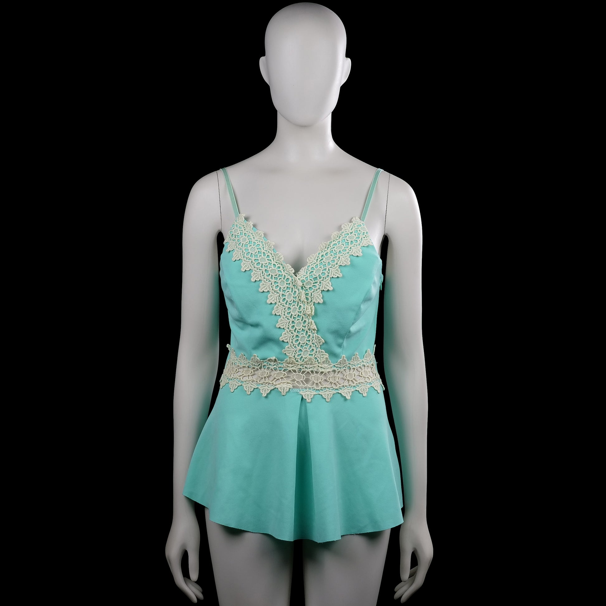 Tank top - Turquoise & White - Size S - Turquoise sleeveless top with spaghetti straps and a V-neckline trimmed with white lace. Features a white lace band around the waist and a straight hem.