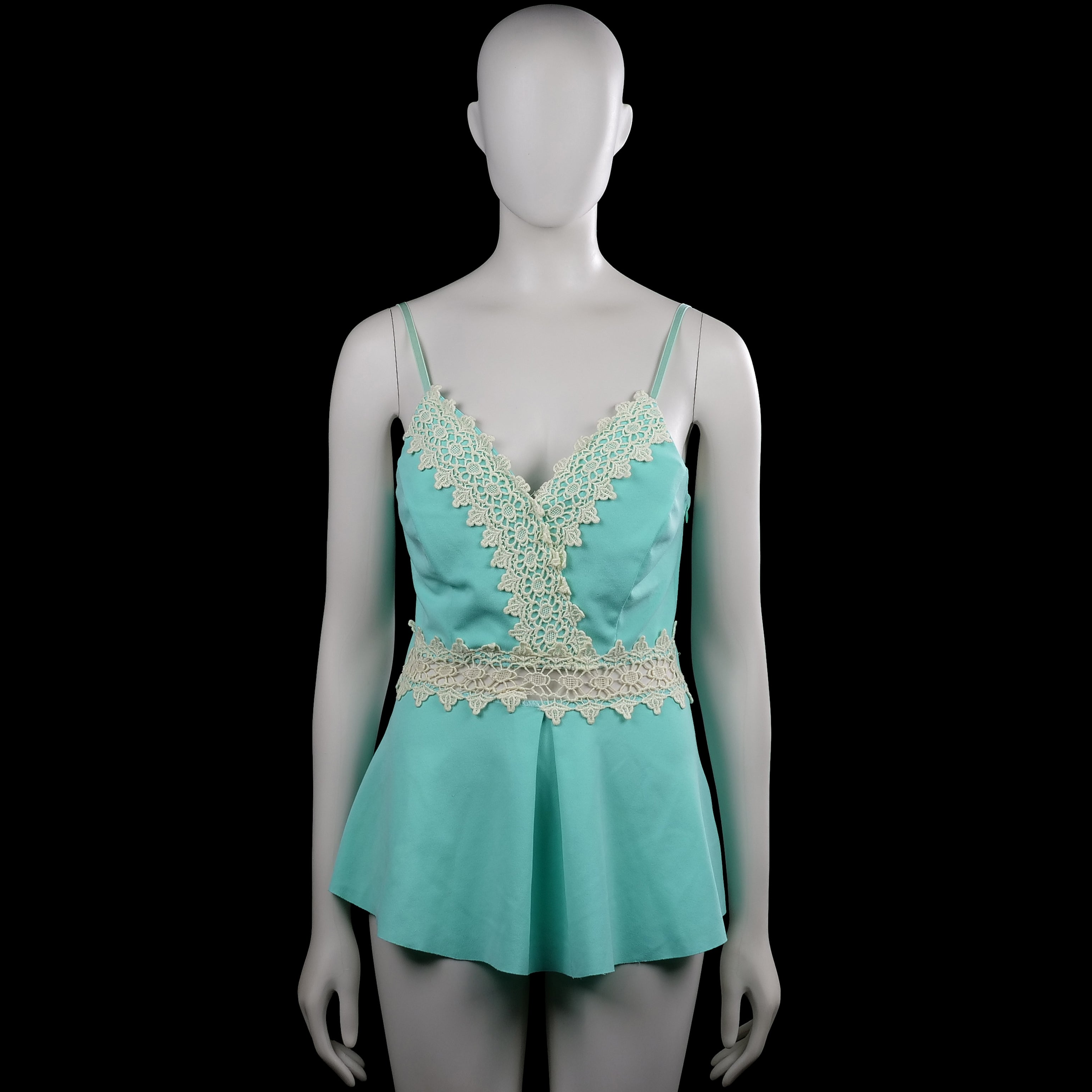 Tank top - Turquoise & White - Size S - Turquoise sleeveless top with spaghetti straps and a V-neckline trimmed with white lace. Features a white lace band around the waist and a straight hem.