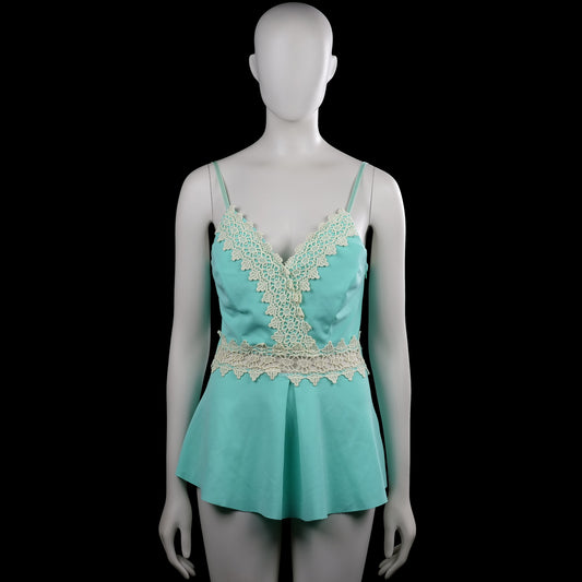 Tank top - Turquoise & White - Size S - Turquoise sleeveless top with spaghetti straps and a V-neckline trimmed with white lace. Features a white lace band around the waist and a straight hem.