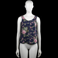 Vero Moda - Tank top - Navy & Pink - Size S - Sleeveless navy top with a pink floral pattern and a scoop neckline. Features a back keyhole opening and a straight hem.