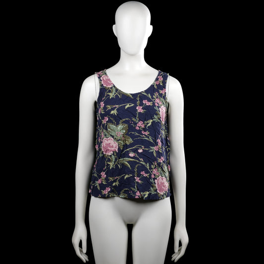 Vero Moda - Tank top - Navy & Pink - Size S - Sleeveless navy top with a pink floral pattern and a scoop neckline. Features a back keyhole opening and a straight hem.