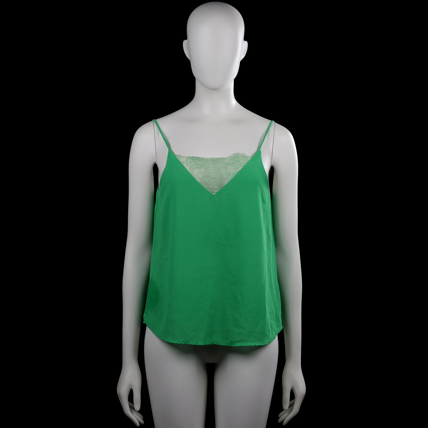 Vintage Dressing - Tank top - Forest Green - Size S - Forest green solid camisole top with thin shoulder straps and a V-neckline with a lace inset. Curved hem.