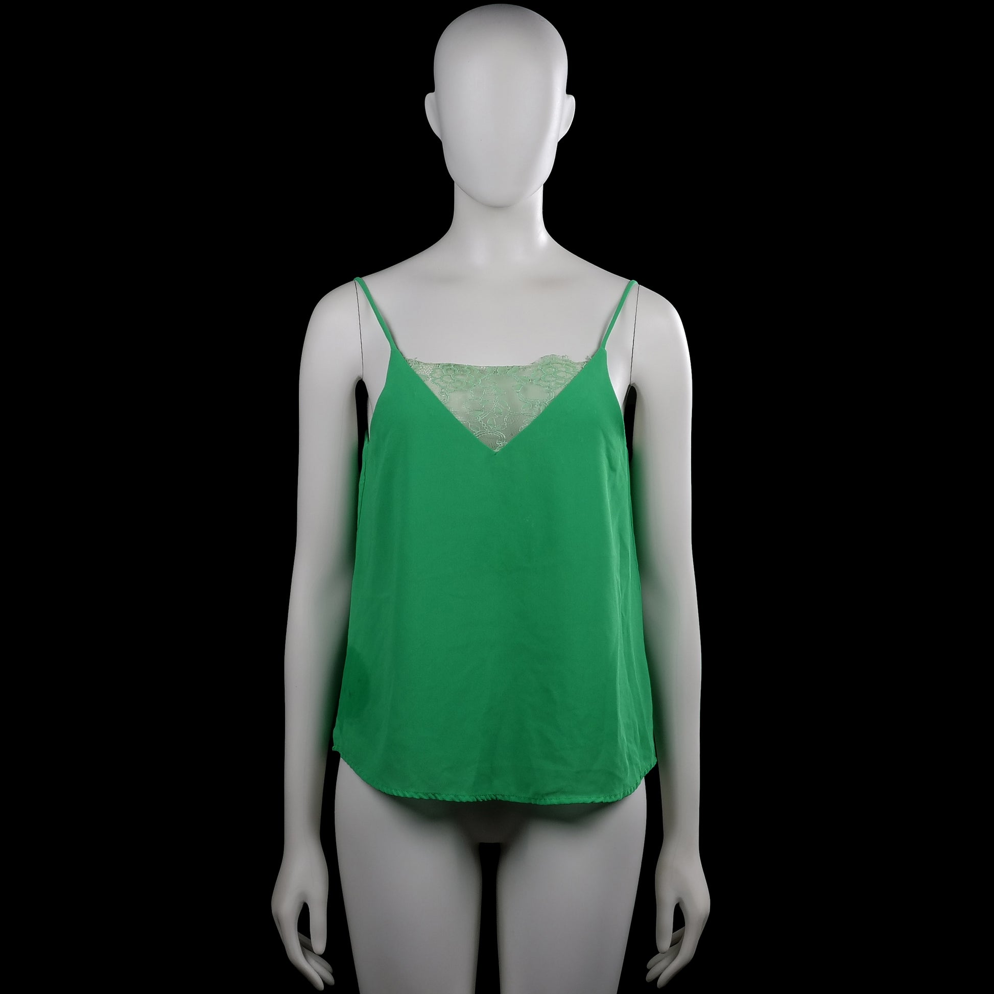 Vintage Dressing - Tank top - Forest Green - Size S - Forest green solid camisole top with thin shoulder straps and a V-neckline with a lace inset. Curved hem.