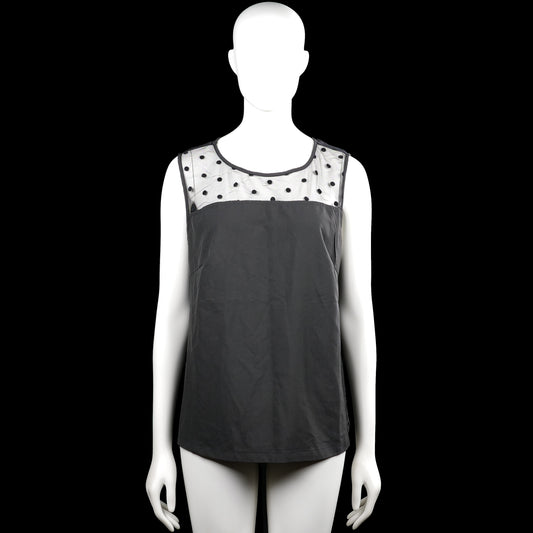 Shein - Tank top - Black & White - Size 1XL - Sleeveless top with a black body and a white upper yoke with black polka dots. Scoop neckline with plain trim and a straight hem.