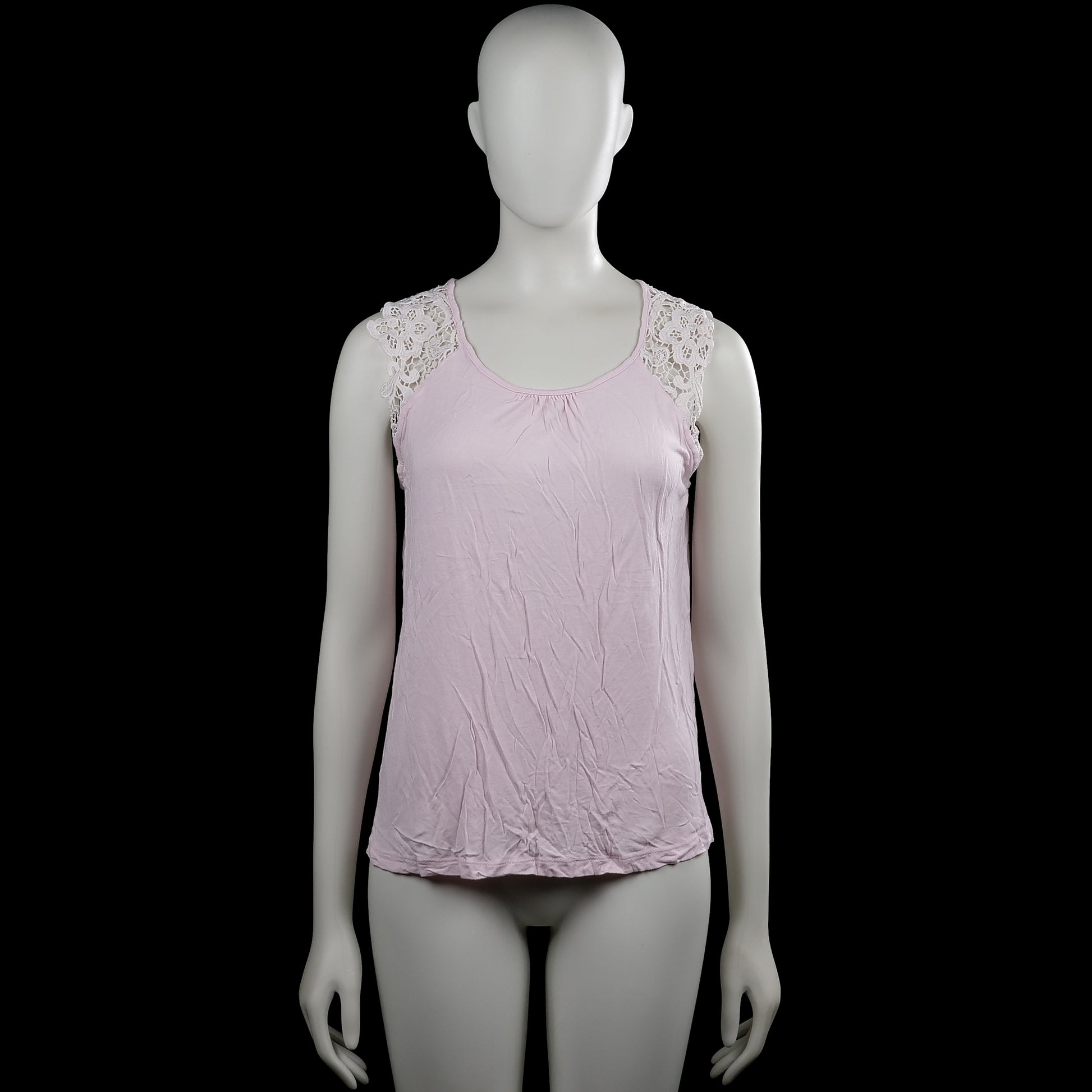 Sincerely loved - Tank top - Light Pink & White - Size M - Light pink sleeveless top with a scoop neckline and white lace panels at the shoulders. Solid design with plain arm openings and a straight hem.