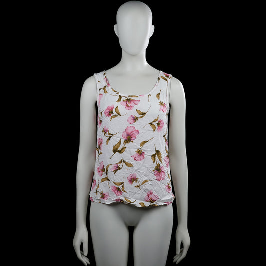 Hailys - Tank top - White & Pink - Size S - White sleeveless top with a pink floral print and scoop neckline. Features a straight hem and a short center-back zipper closure.