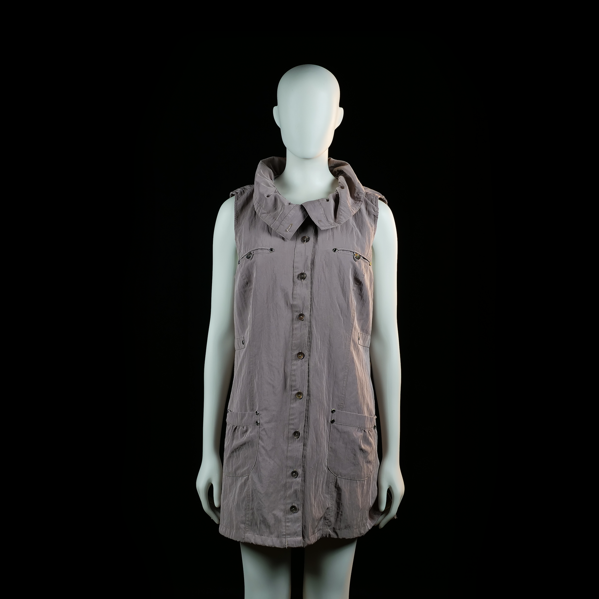 Zeze - Vest_other - Gray - Size L - Sleeveless long vest with a high ruched collar, front button closure, and four flap pockets with buttons. Adjustable drawstring detail on the back waist.