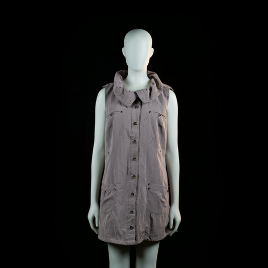 Zeze - Vest_other - Gray - Size L - Sleeveless long vest with a high ruched collar, front button closure, and four flap pockets with buttons. Adjustable drawstring detail on the back waist.