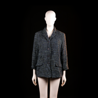 Laura Lebek - Blazer - Black & Navy - Size 42 - Textured woven jacket with a straight cut, front button closure, and flap pockets at the hip. Features a structured collar and 3/4 length sleeves.