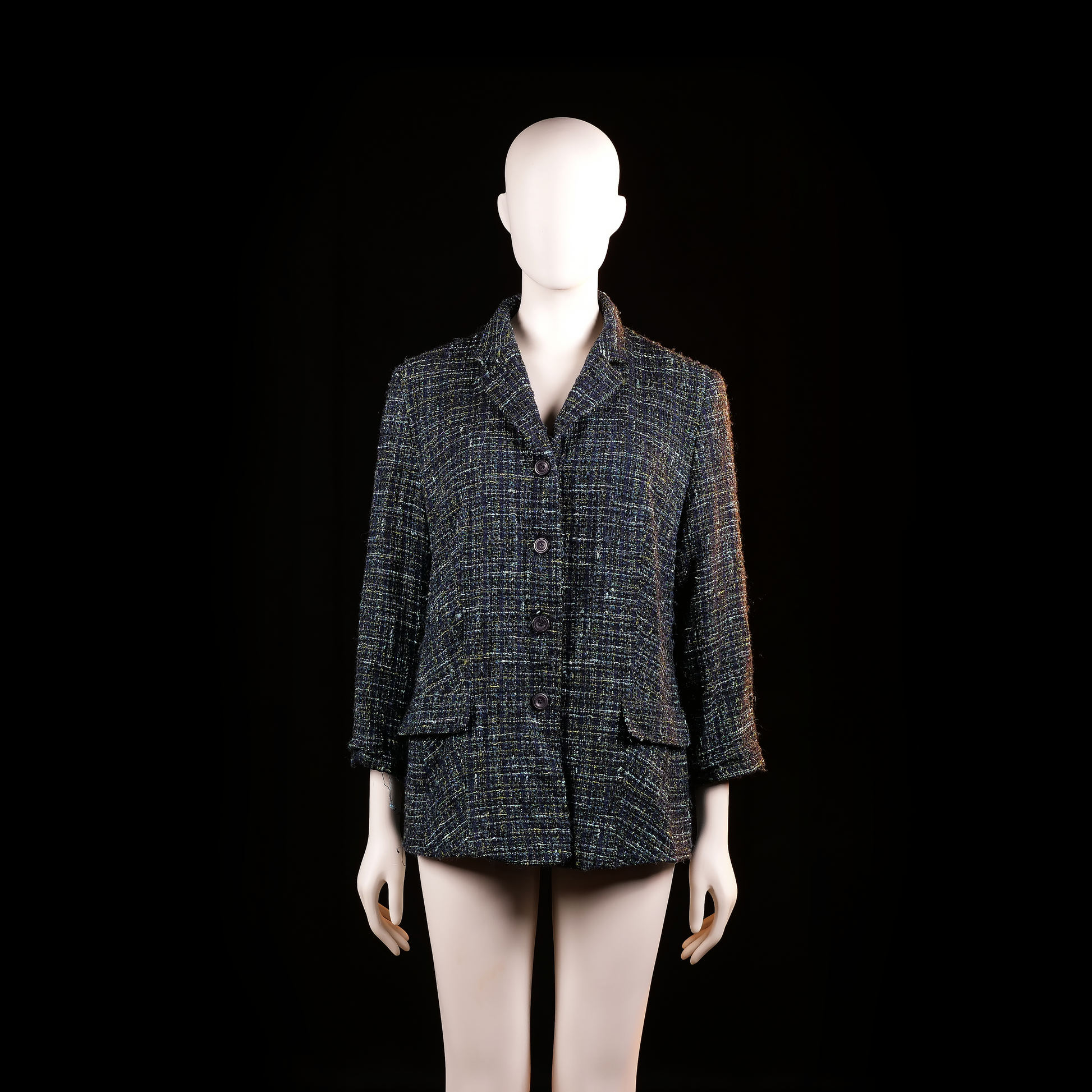 Laura Lebek - Blazer - Black & Navy - Size 42 - Textured woven jacket with a straight cut, front button closure, and flap pockets at the hip. Features a structured collar and 3/4 length sleeves.