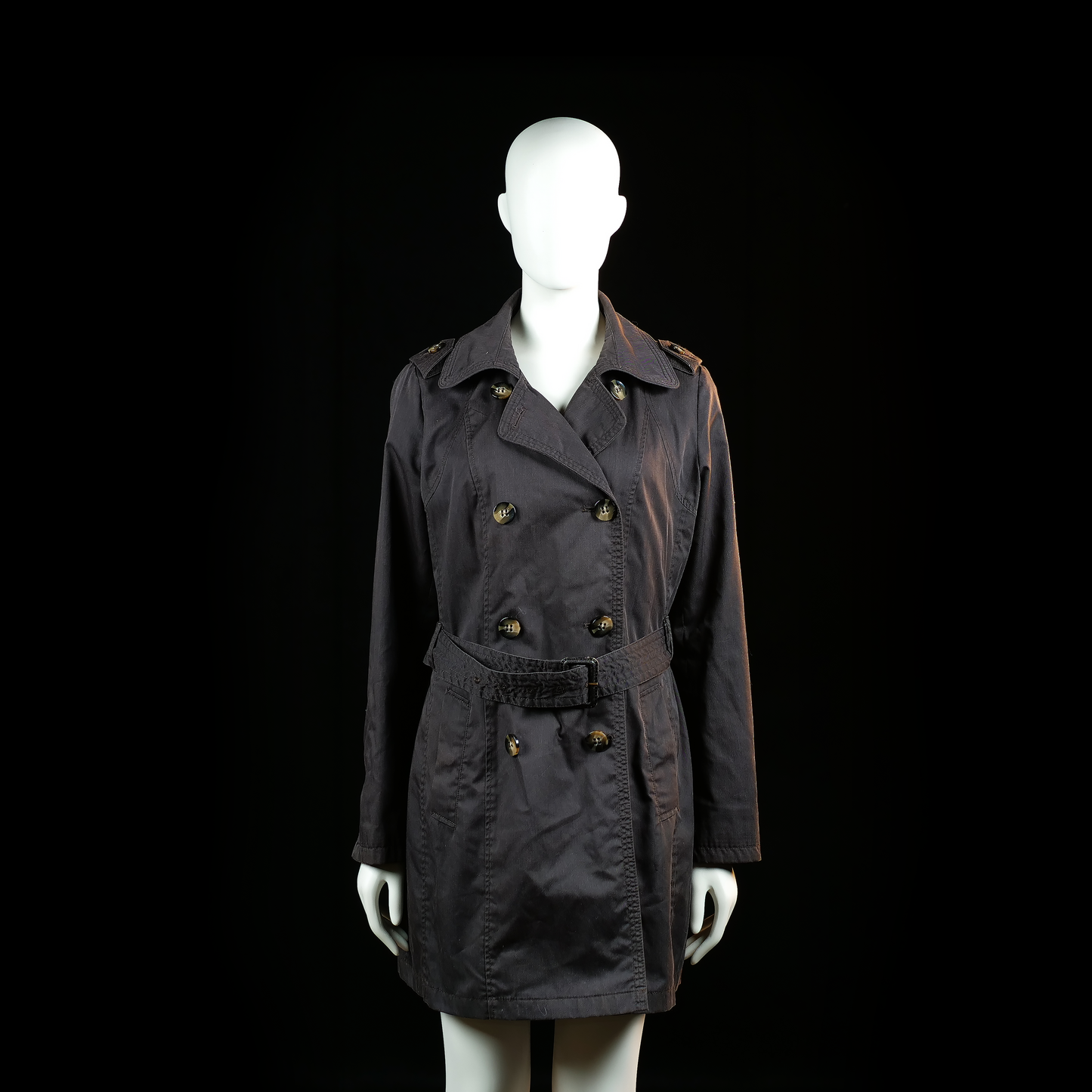 Yessica - Trench coat - Charcoal - Size 42 - Double-breasted coat with a waist belt and shoulder epaulets, featuring a notched collar and button cuffs. Length extends to mid-thigh.