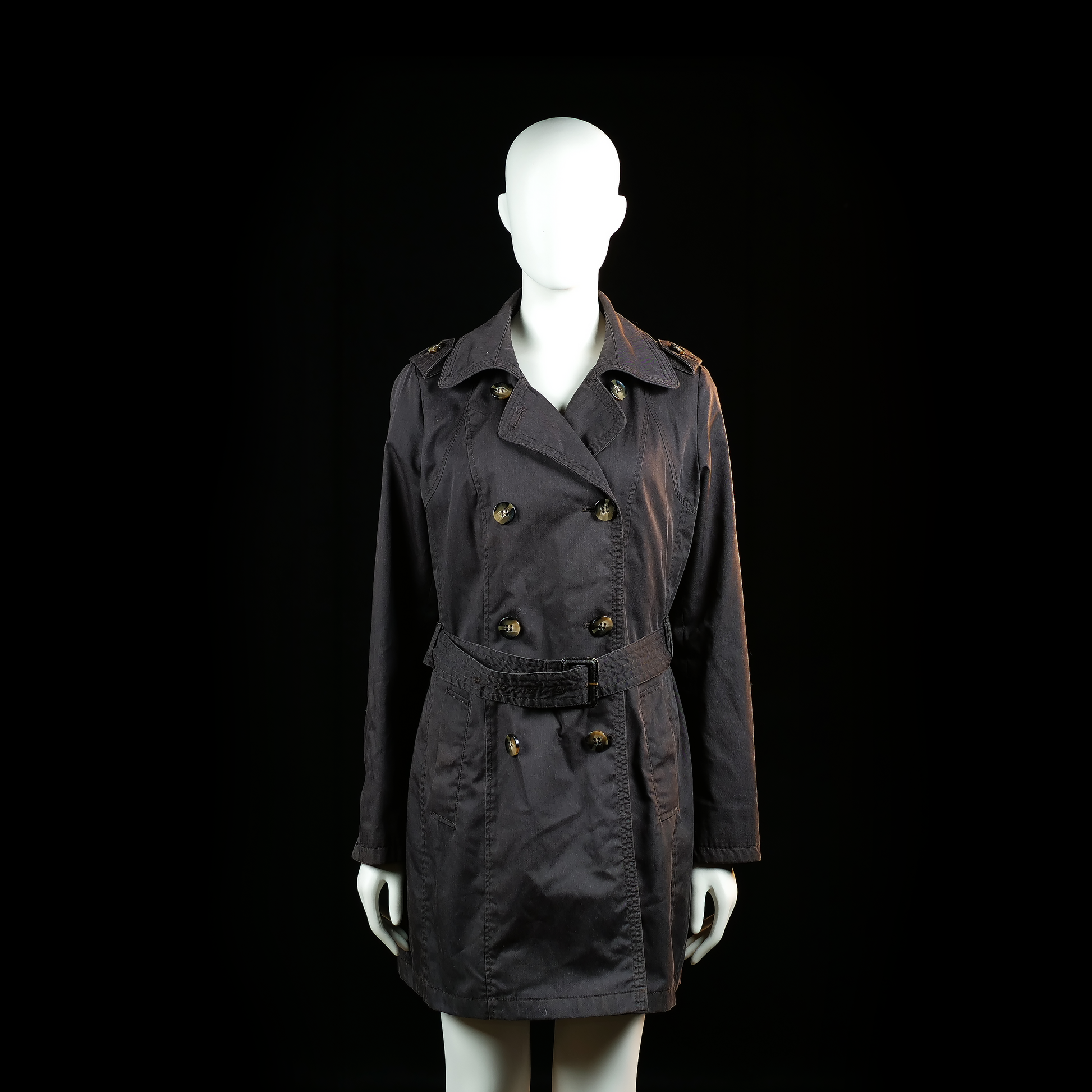 Yessica - Trench coat - Charcoal - Size 42 - Double-breasted coat with a waist belt and shoulder epaulets, featuring a notched collar and button cuffs. Length extends to mid-thigh.