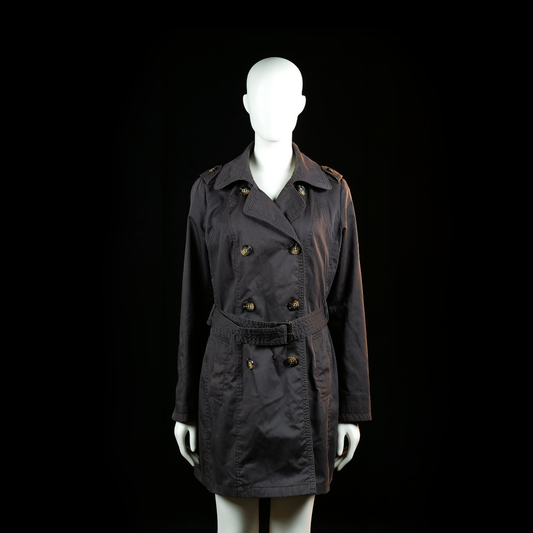 Yessica - Trench coat - Charcoal - Size 42 - Double-breasted coat with a waist belt and shoulder epaulets, featuring a notched collar and button cuffs. Length extends to mid-thigh.