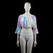 Atmosphere - Blouse - White & Light Blue & Pink - Size L - Cropped off-shoulder top with a gathered elastic neckline and hem. Features flared three-quarter sleeves and vertical tie-dye patterns in blue and pink.