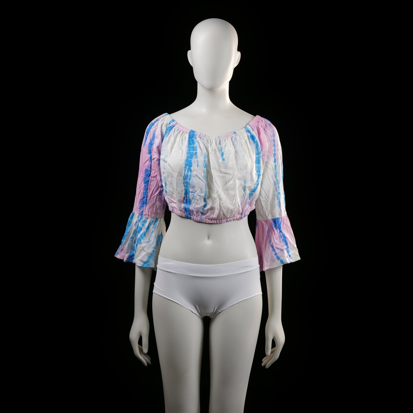 Atmosphere - Blouse - White & Light Blue & Pink - Size L - Cropped off-shoulder top with a gathered elastic neckline and hem. Features flared three-quarter sleeves and vertical tie-dye patterns in blue and pink.