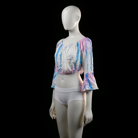 Blouse - White & Light Blue & Pink - Size L