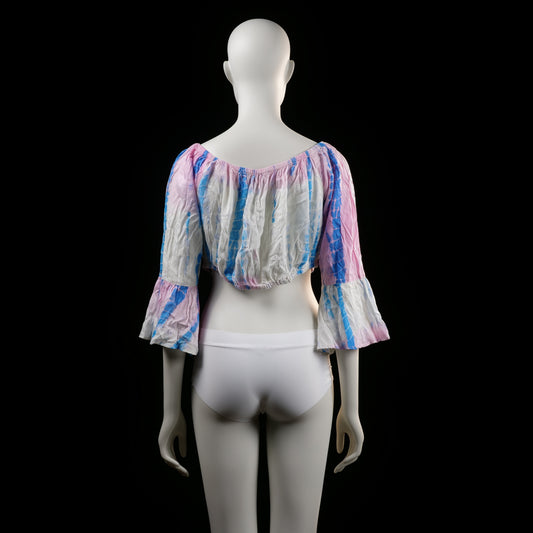 Blouse - White & Light Blue & Pink - Size L