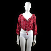 H&M Divided - Blouse - Burgundy & White - Size 44 - Cropped blouse with a deep scoop neckline, ruffle trim, and front tie closure featuring tassels. Features a red floral print pattern and three-quarter bell sleeves.