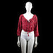 H&M Divided - Blouse - Burgundy & White - Size 44 - Cropped blouse with a deep scoop neckline, ruffle trim, and front tie closure featuring tassels. Features a red floral print pattern and three-quarter bell sleeves.