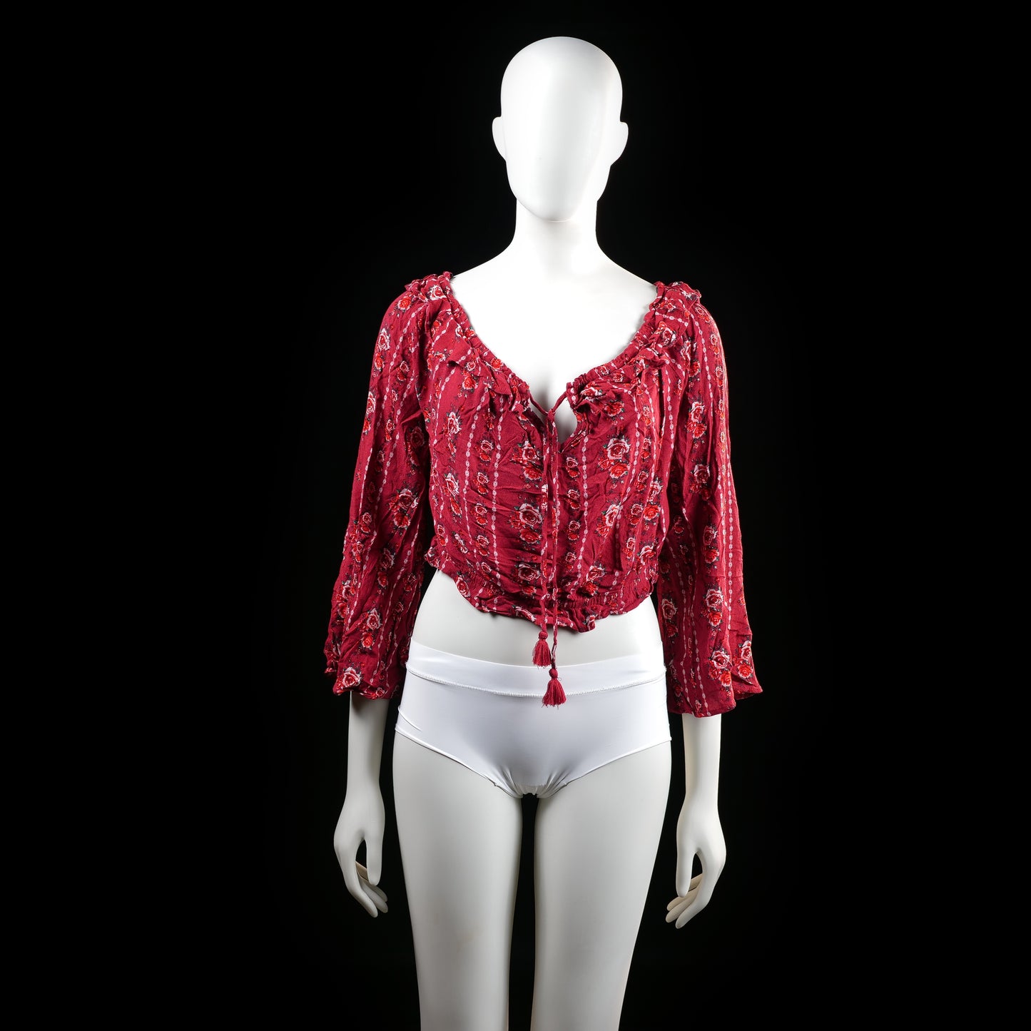 H&M Divided - Blouse - Burgundy & White - Size 44 - Cropped blouse with a deep scoop neckline, ruffle trim, and front tie closure featuring tassels. Features a red floral print pattern and three-quarter bell sleeves.