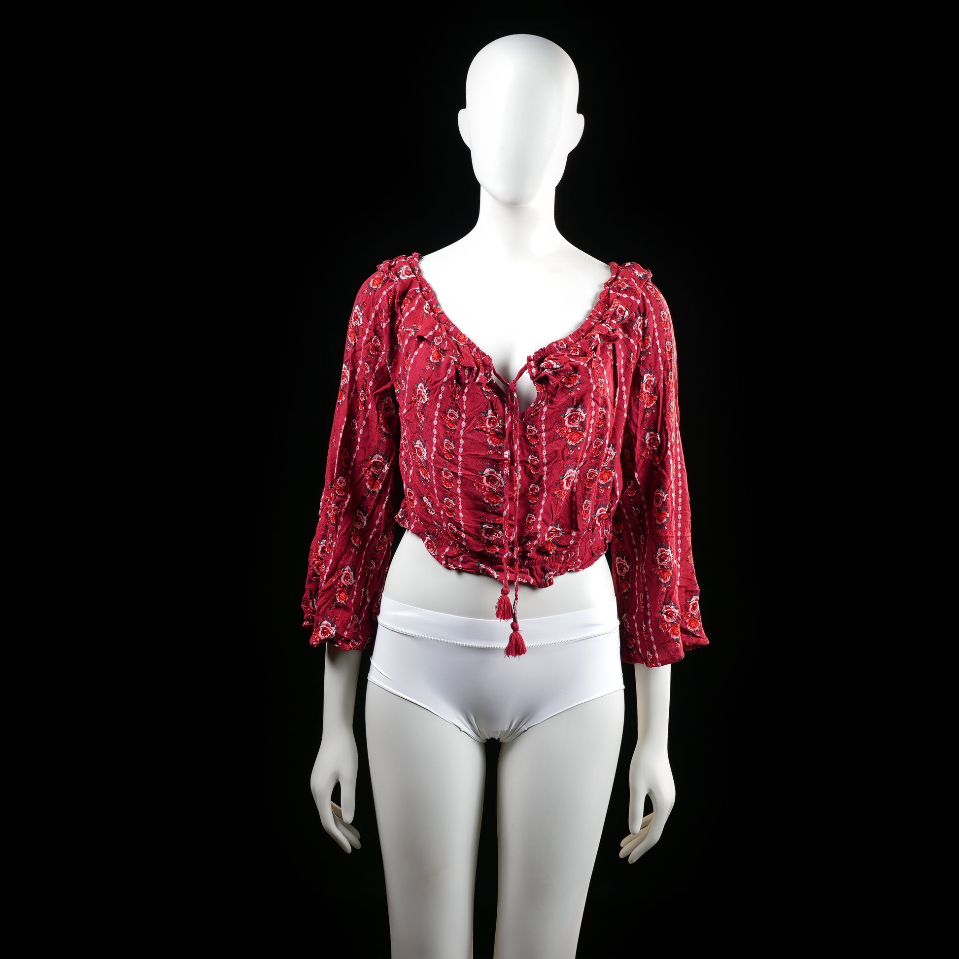 H&M Divided - Blouse - Burgundy & White - Size 44 - Cropped blouse with a deep scoop neckline, ruffle trim, and front tie closure featuring tassels. Features a red floral print pattern and three-quarter bell sleeves.