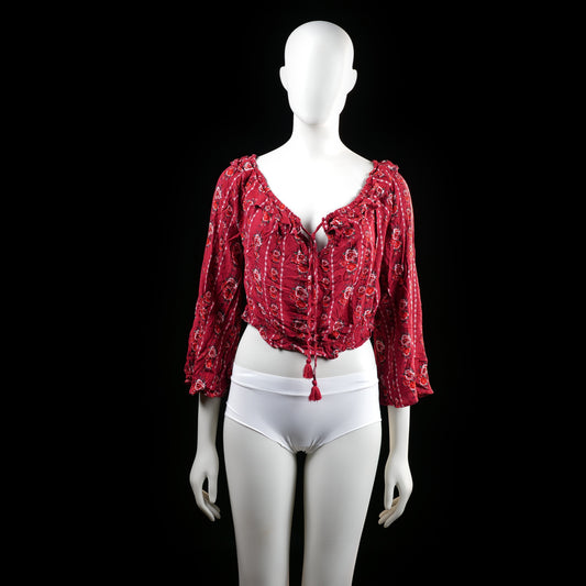 H&M Divided - Blouse - Burgundy & White - Size 44 - Cropped blouse with a deep scoop neckline, ruffle trim, and front tie closure featuring tassels. Features a red floral print pattern and three-quarter bell sleeves.