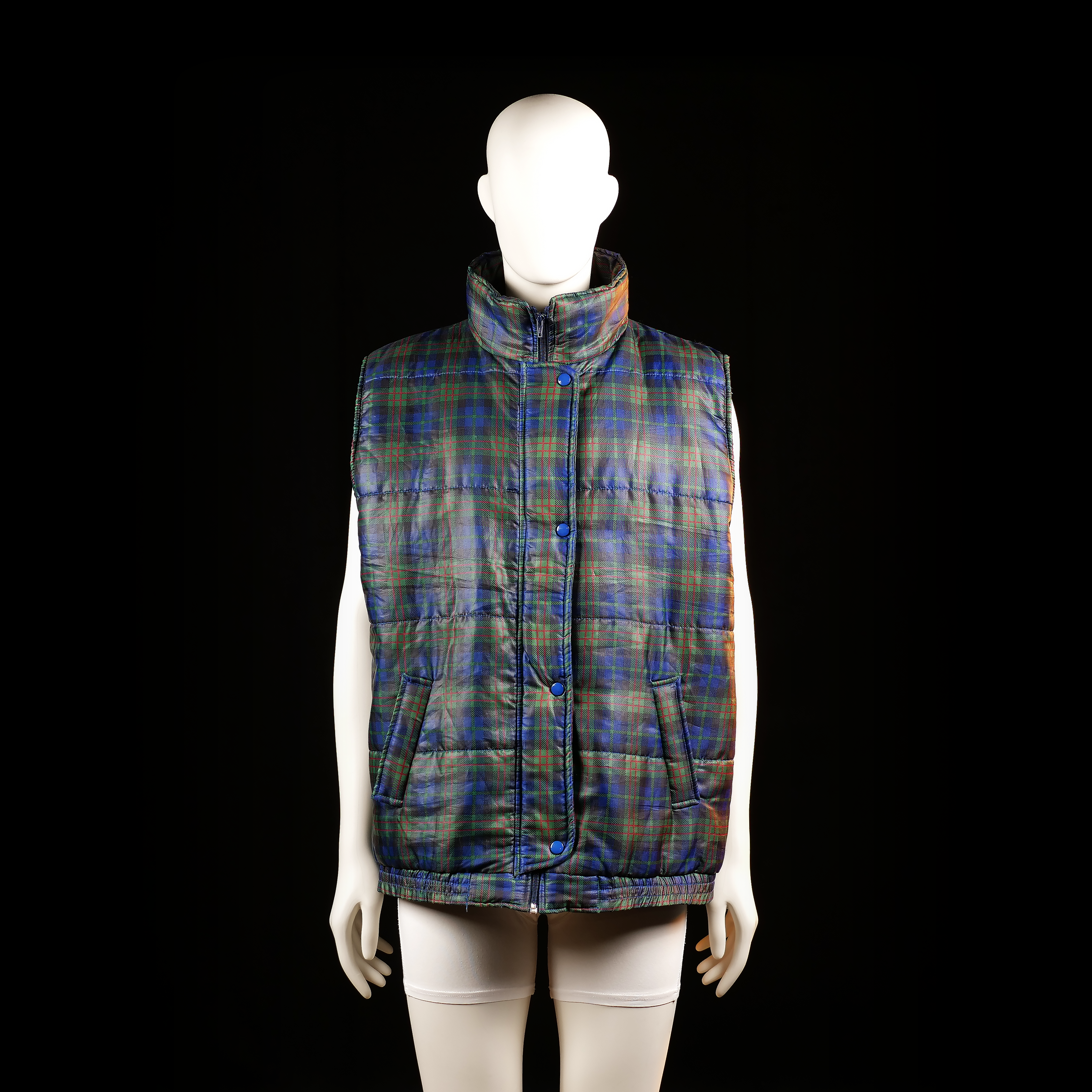 Today - Padded vest - Multicolored - Size M - Sleeveless padded vest with a high stand collar and snap-button front closure. Features an all-over multicolored tartan plaid pattern and two front welt pockets.