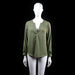 H&M - Blouse - Olive - Size 38 - Long-sleeve top with a deep V neckline and pleat at the center front. Features a decorative detail on the left chest resembling a faux pocket with multicolored embellishments.