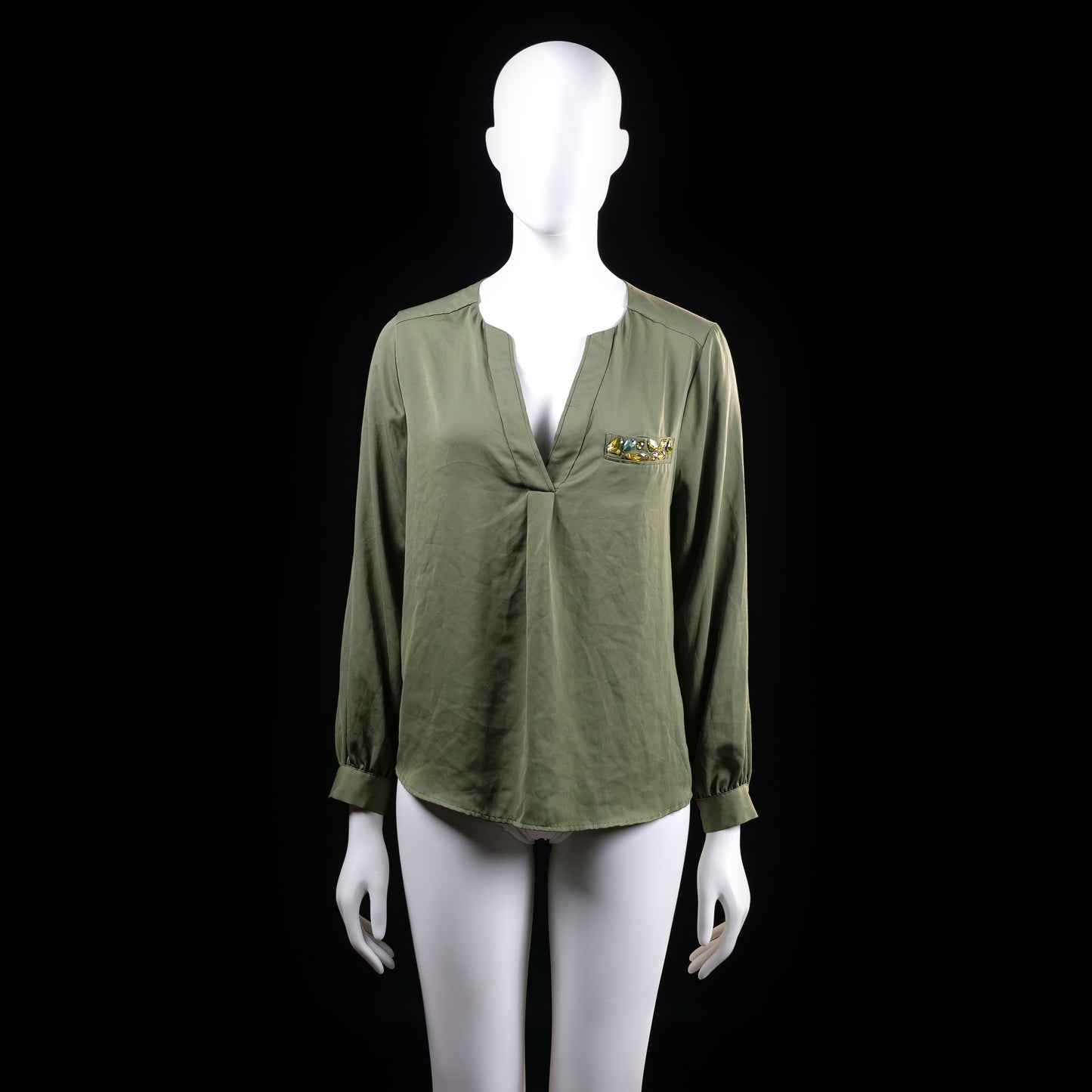 H&M - Blouse - Olive - Size 38 - Long-sleeve top with a deep V neckline and pleat at the center front. Features a decorative detail on the left chest resembling a faux pocket with multicolored embellishments.