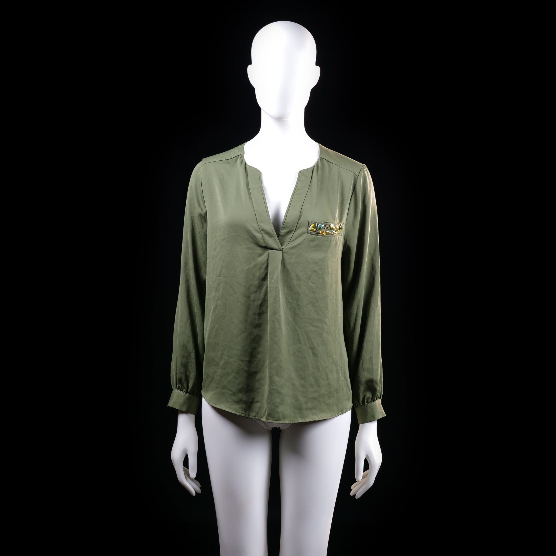 H&M - Blouse - Olive - Size 38 - Long-sleeve top with a deep V neckline and pleat at the center front. Features a decorative detail on the left chest resembling a faux pocket with multicolored embellishments.